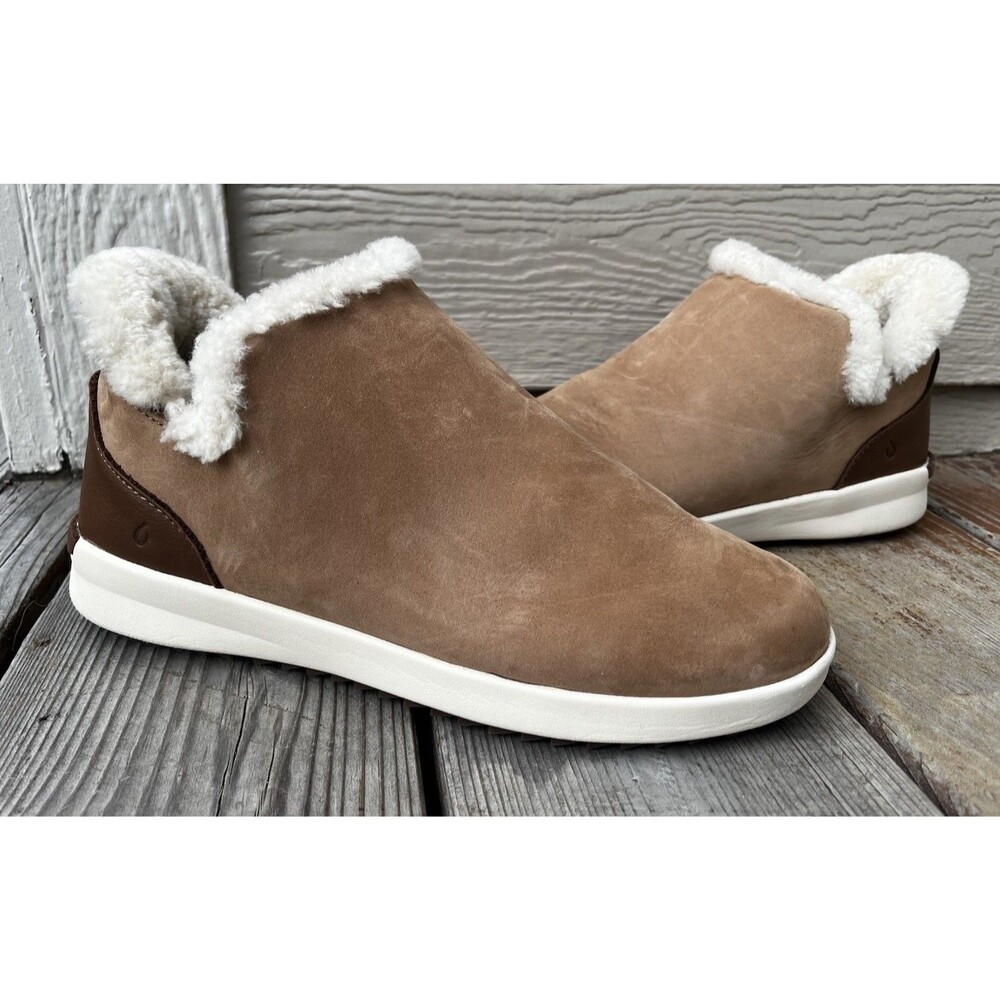 Olukai Malua Hulu Women's 8 Tan Leather Sheepskin Lined Slip On Ankle Boots